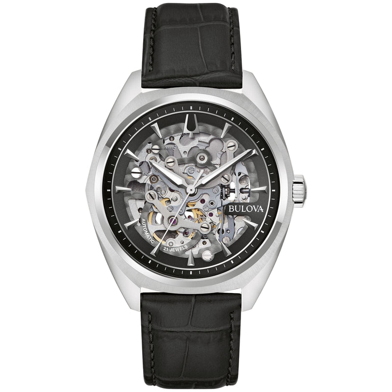Bulova Surveyor 96A310 Full Skeleton Black Leather Automatic Men Watch