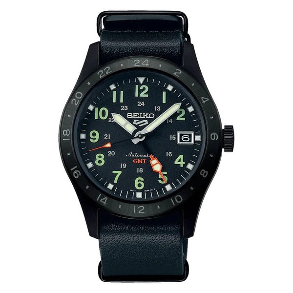 Seiko 5 Sports SSK025K1 Black Leather GMT Automatic Men Watch