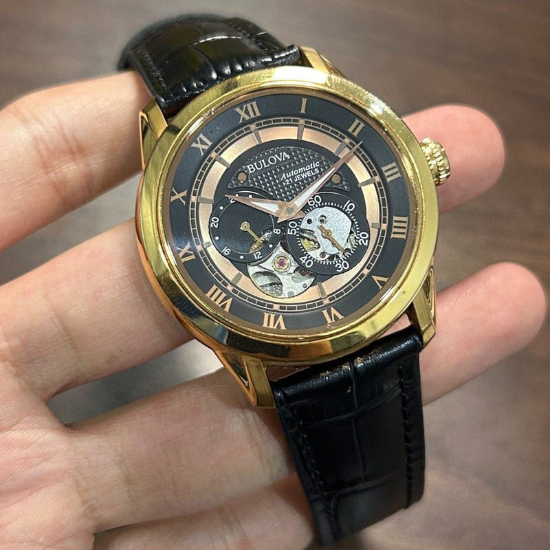 [Pre-Owned] Bulova 97A116 Gold Open Heart Automatic Men Watch