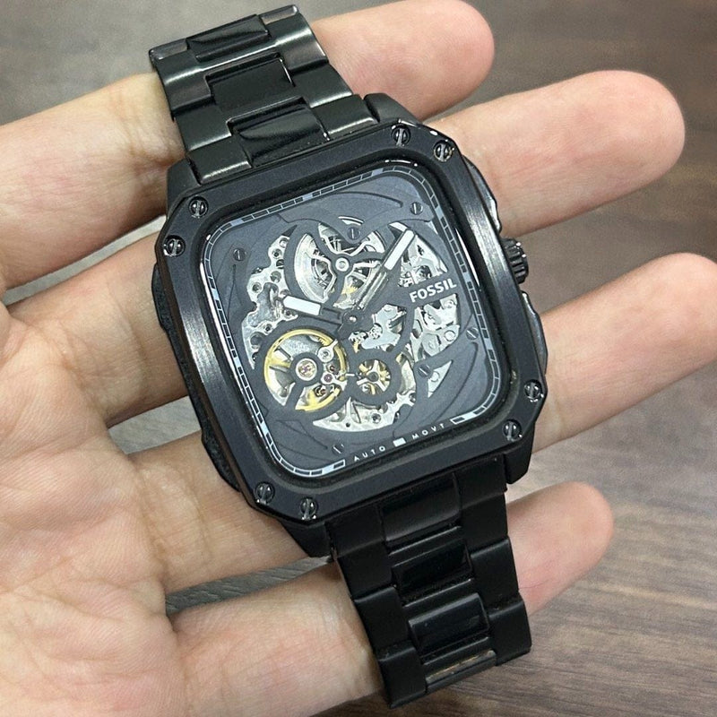 [Pre-Owned] Fossil Inscription BQ2574 All Black Square Skeleton Automatic Men Watch