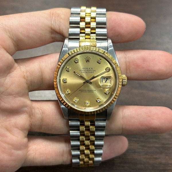 [Pre-Owned] Rolex 16233 Datejust 36mm Two-Tone Champagne Diamond Dial Men Watch