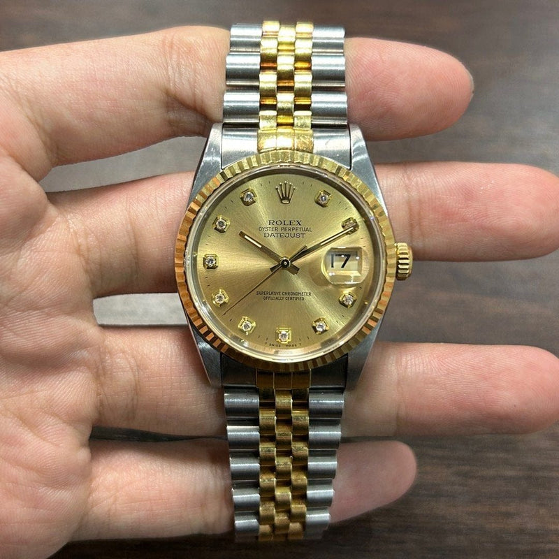 [Pre-Owned] Rolex 16233 Datejust 36mm Two-Tone Champagne Diamond Dial Men Watch