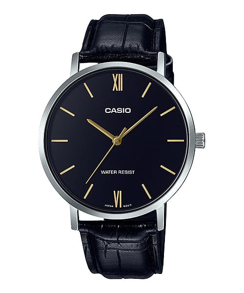 Casio Enticer MTP-VT01L-1B Black Leather Minimalist Men Watch